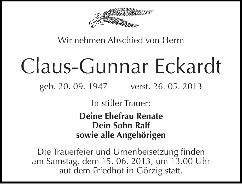  Traueranzeige für Claus-Gunnar Eckardt vom 31.05.2013 aus Mitteldeutsche Zeitung Köthen