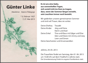 Traueranzeige von Günter Linke von Mitteldeutsche Zeitung Bitterfeld
