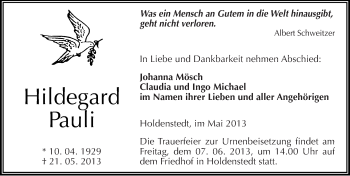 Traueranzeige von Hildegard Pauli von Mitteldeutsche Zeitung Aschersleben