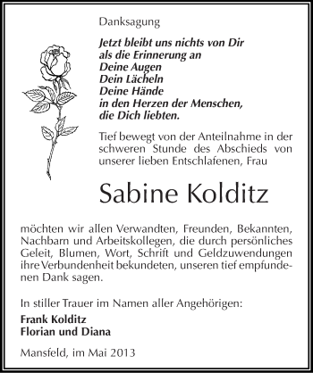 Traueranzeige von Sabine Kolditz von Mitteldeutsche Zeitung Aschersleben