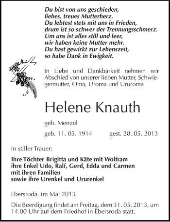 Traueranzeige von Helene Knauth von Mitteldeutsche Zeitung Naumburg/Nebra