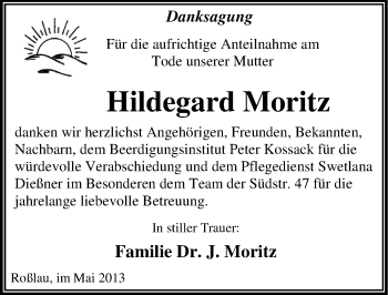 Traueranzeige von Hildegard Moritz von Mitteldeutsche Zeitung Dessau-Roßlau