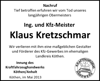 Traueranzeige von Klaus Kretzschmar von Mitteldeutsche Zeitung Köthen