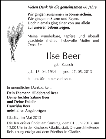 Traueranzeige von Ilse Beer von Mitteldeutsche Zeitung Zeitz