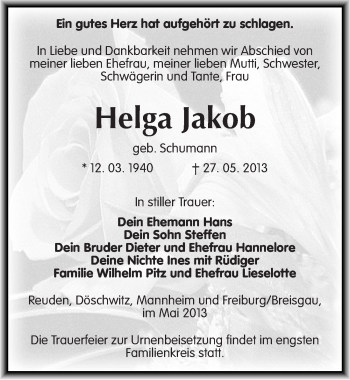 Traueranzeige von Helga Jakob von Mitteldeutsche Zeitung Zeitz