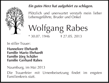 Traueranzeige von Wolfgang Rabes von Mitteldeutsche Zeitung Naumburg/Nebra