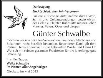 Traueranzeige von Günter Schwalbe von Mitteldeutsche Zeitung Naumburg/Nebra