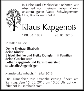 Traueranzeige von Klaus Kapgenoß von Mitteldeutsche Zeitung Aschersleben