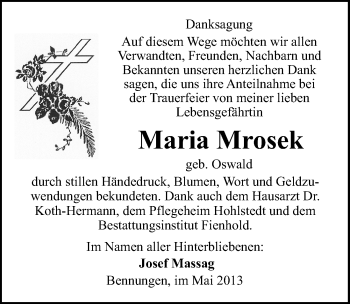 Traueranzeige von Maria Mrosek von Mitteldeutsche Zeitung Sangerhausen