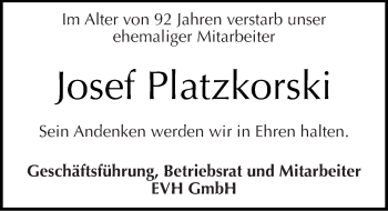 Traueranzeige von Josef Platzkorski von Mitteldeutsche Zeitung Halle/Saalkreis