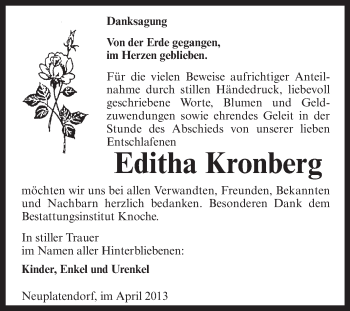 Traueranzeige von Editha Kronberg von Super Sonntag Aschersleben