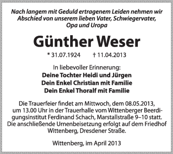 Traueranzeige von Günther Weser von WVG - Wochenspiegel Wittenberg