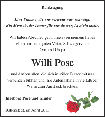Traueranzeige von Willi Pose von WVG - Wochenspiegel Quedlinburg
