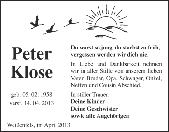 Traueranzeige von Peter Klose von WVG - Wochenspiegel NMB / WSF / ZTZ
