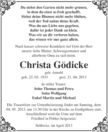 Traueranzeige von Christa Gödicke von Super Sonntag Merseburg