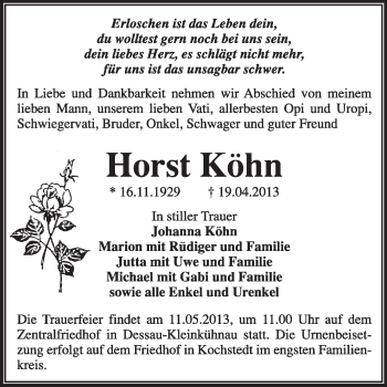 Traueranzeige von Horst Köhn von Super Sonntag Dessau / Köthen