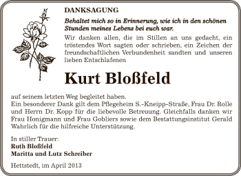 Traueranzeige von Kurt Bloßfeld von Wochenspiegel Mansfelder Land