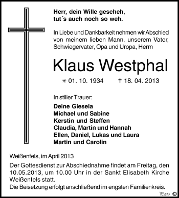 Traueranzeige von Klaus Westphal von WVG - Wochenspiegel NMB / WSF / ZTZ