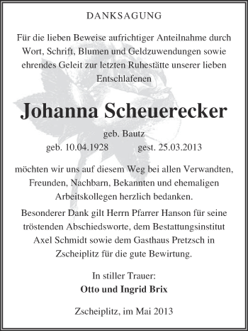 Traueranzeige von Johanna Scheuerecker von WVG - Wochenspiegel NMB / WSF / ZTZ