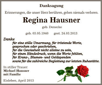 Traueranzeige von Regina Hausner von Wochenspiegel Mansfelder Land