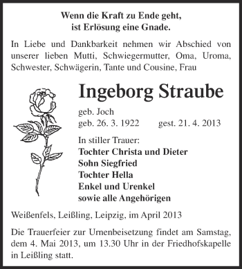 Traueranzeige von Ingeborg Straube von Super Sonntag Merseburg