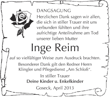 Traueranzeige von Inge Reim von WVG - Wochenspiegel NMB / WSF / ZTZ