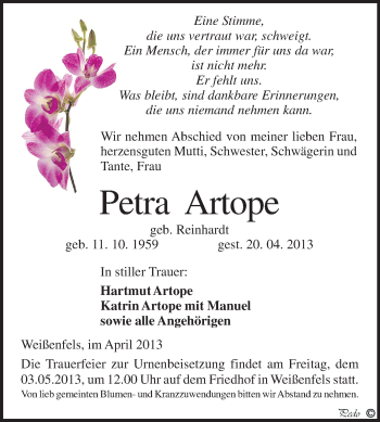 Traueranzeige von Petra Artope von WVG - Wochenspiegel NMB / WSF / ZTZ