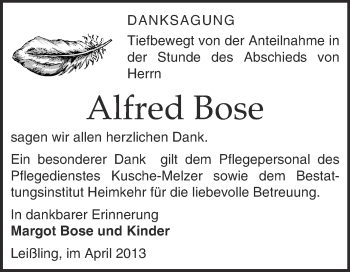 Traueranzeige von Alfred Bose von WVG - Wochenspiegel NMB / WSF / ZTZ