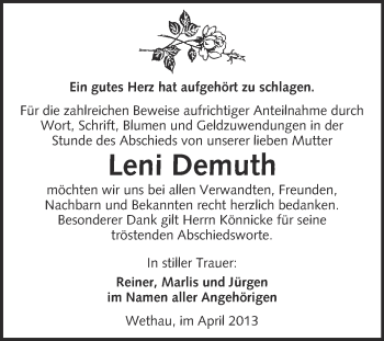 Traueranzeige von Leni Demuth von WVG - Wochenspiegel NMB / WSF / ZTZ