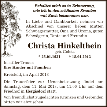 Traueranzeige von Christa Hinkelthein von Wochenspiegel Mansfelder Land