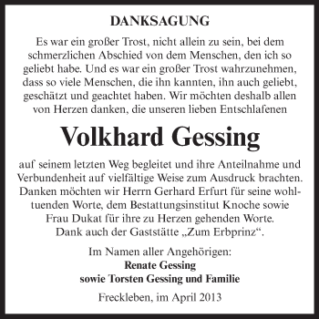 Traueranzeige von Volkhard Gessing von WVG - Wochenspiegel Aschersleben