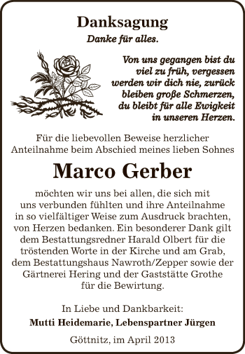 Traueranzeige von Marco Gerber von WVG - Wochenspiegel Bitterfeld