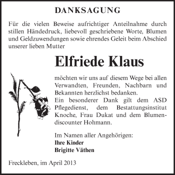 Traueranzeige von Elfriede Klaus von WVG - Wochenspiegel Aschersleben