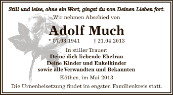 Traueranzeige von Adolf Much von WVG - Wochenspiegel Dessau / Köthen