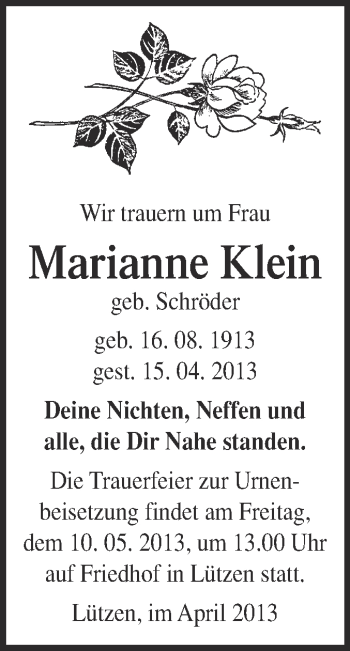 Traueranzeige von Marianne Klein von Super Sonntag Merseburg