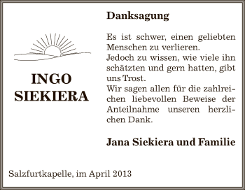 Traueranzeige von Ingo Siekiera von WVG - Wochenspiegel Bitterfeld