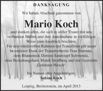 Traueranzeige von Mario Koch von WVG - Wochenspiegel Quedlinburg
