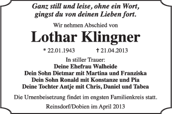 Traueranzeige von Lothar Klingner von WVG - Wochenspiegel Wittenberg