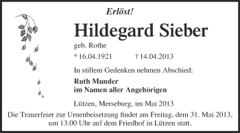 Traueranzeige von Hildegard Sieber von WVG - Wochenspiegel Merseburg