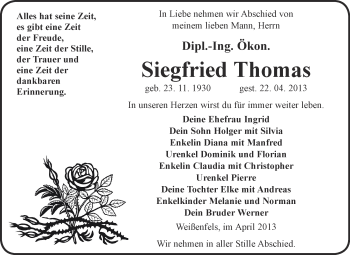 Traueranzeige von Siegfried Thomas von Super Sonntag Merseburg