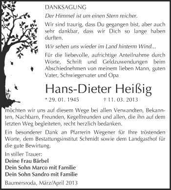 Traueranzeige von Hans-Dieter Heißig von WVG - Wochenspiegel NMB / WSF / ZTZ