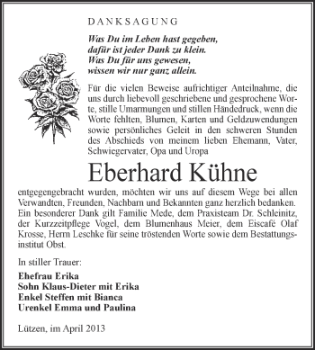 Traueranzeige von Eberhard Kühne von Super Sonntag Merseburg