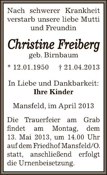 Traueranzeige von Christine Freiberg von Wochenspiegel Mansfelder Land