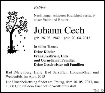 Traueranzeige von Johann Cech von WVG - Wochenspiegel NMB / WSF / ZTZ