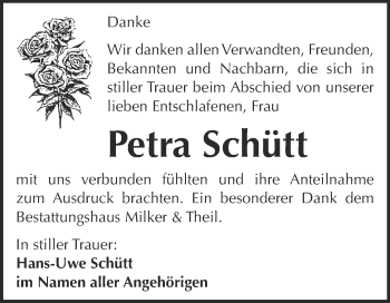 Traueranzeige von Petra Schütt von WVG - Wochenspiegel NMB / WSF / ZTZ