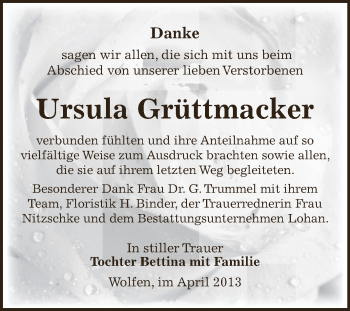 Traueranzeige von Ursula Grüttmacker von WVG - Wochenspiegel Bitterfeld