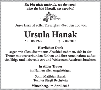 Traueranzeige von Ursula Hanak von WVG - Wochenspiegel Wittenberg