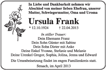 Traueranzeige von Ursula Frank von WVG - Wochenspiegel Wittenberg