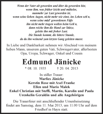 Traueranzeige von Edmund Jänicke von WVG - Wochenspiegel Quedlinburg