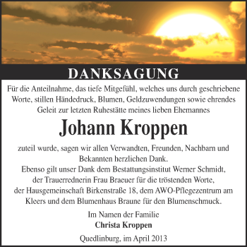 Traueranzeige von Johann Kroppen von WVG - Wochenspiegel Quedlinburg